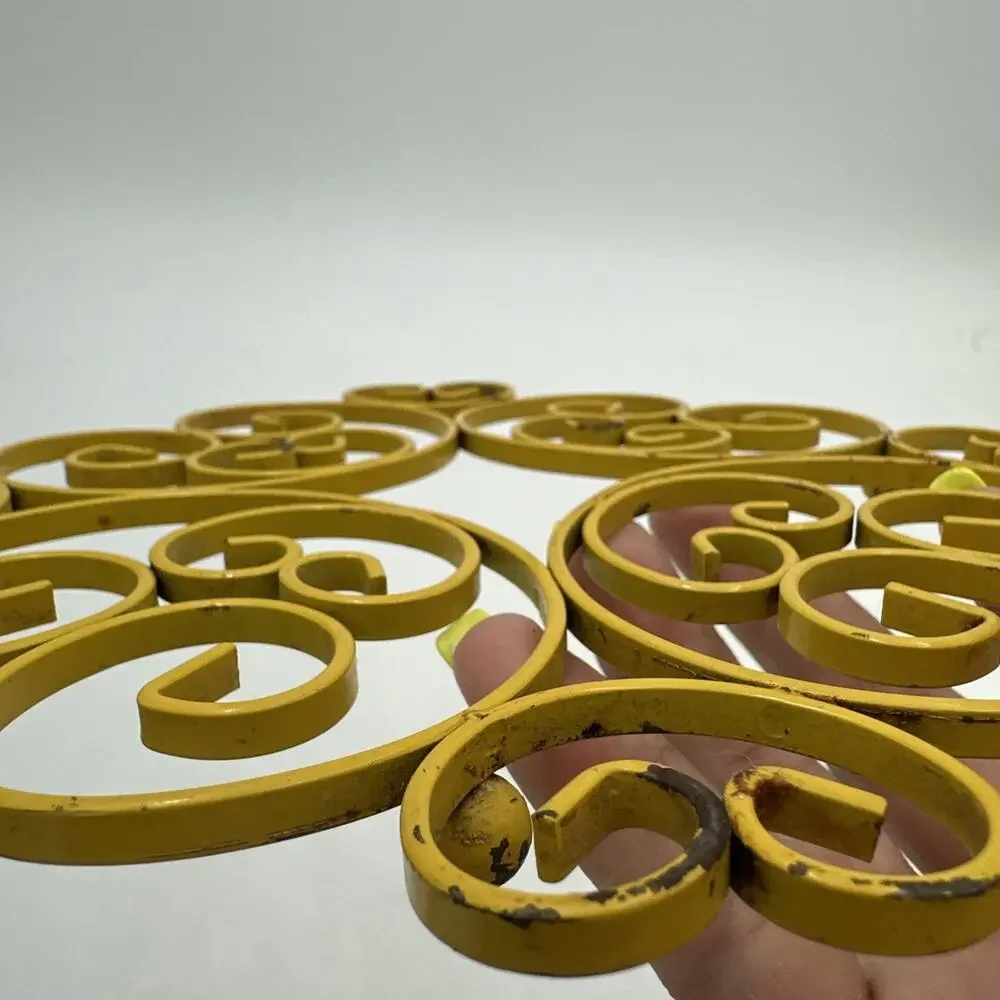 Vintage Metal Trivet Retro Harvest Gold Swirly Scroll Shaped